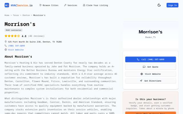 Morrison's Heating and Air's page as the assistant saw it
