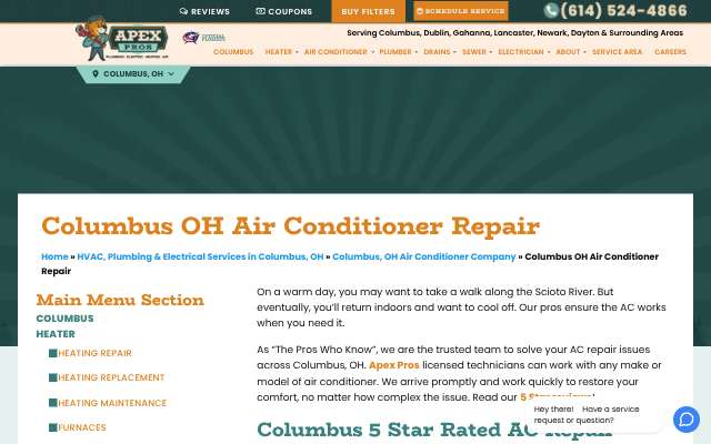 Apex Pros Plumbing, Electrical, Heating and Air's page as the assistant saw it