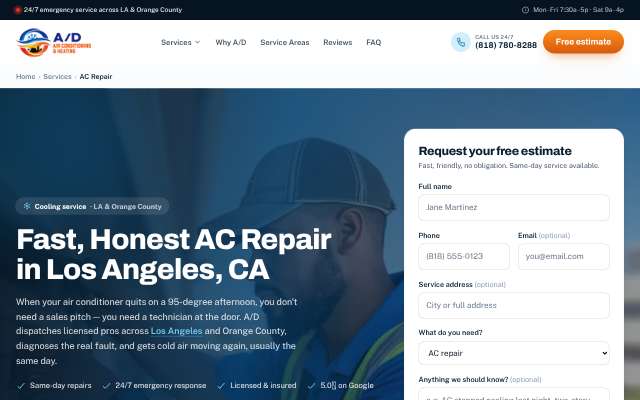 A/D Air & Heating's page as the assistant saw it