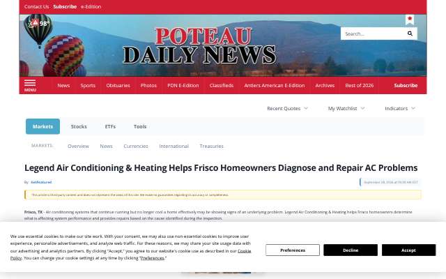 Legend Air Conditioning & Heating's page as the assistant saw it