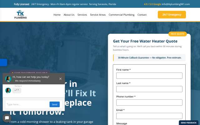 TK Plumbing's page as the assistant saw it