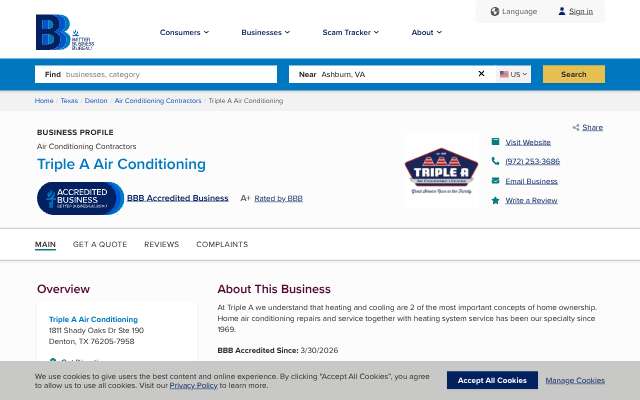 Triple A Air Conditioning's page as the assistant saw it