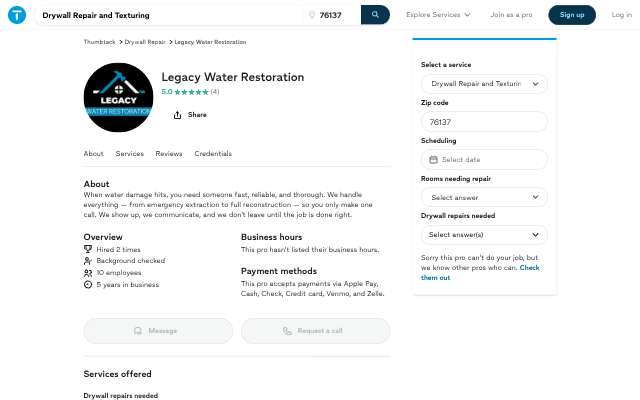 Legacy Water Restoration's page as the assistant saw it