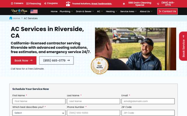 First Class Plumbing and AC's page as the assistant saw it