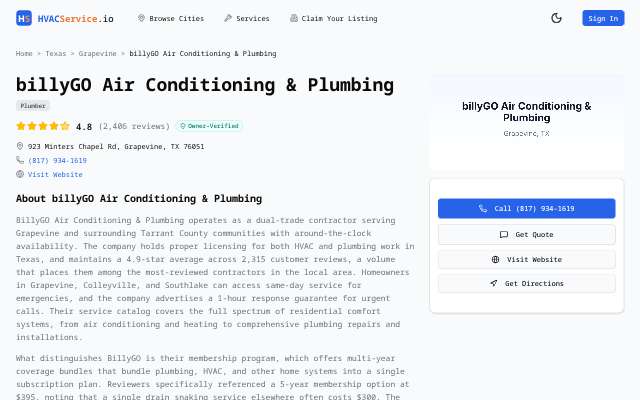 BillyGO AC & Plumbing's page as the assistant saw it