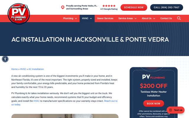 PV Plumbing & Air's page as the assistant saw it