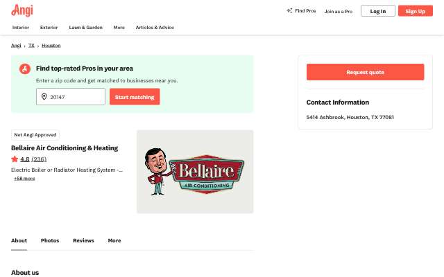 Page cited for Bellaire Air Conditioning & Heating