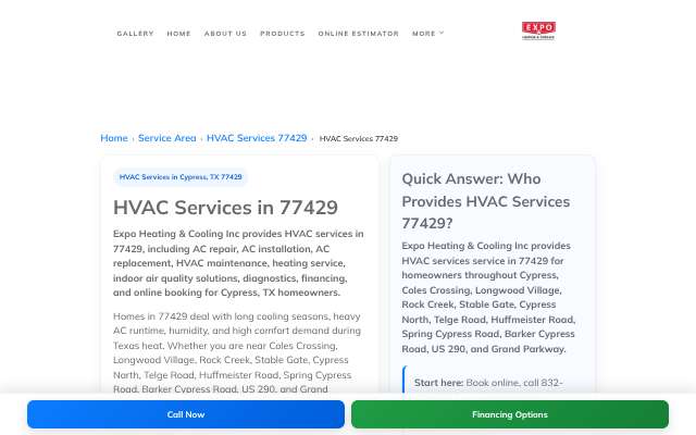 Expo Heating & Cooling's page as the assistant saw it