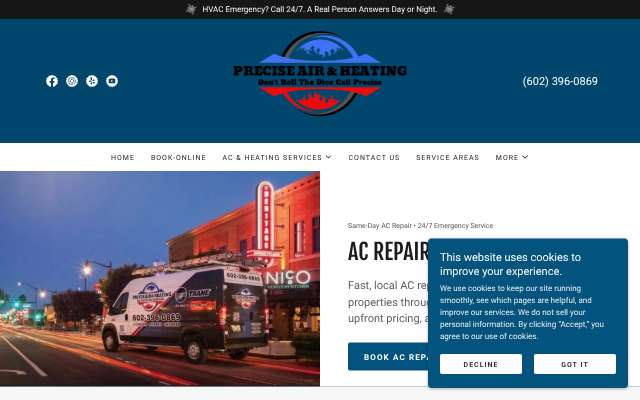 Precise Air & Heating's page as the assistant saw it