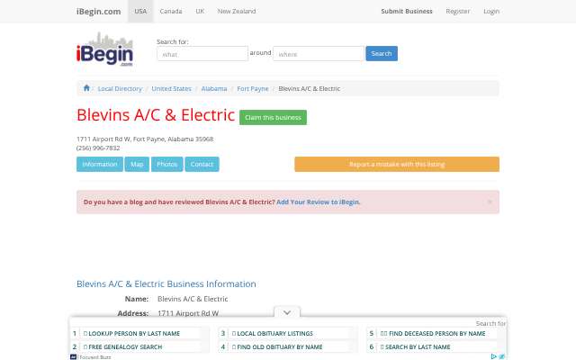 Blevins A/C & Electric's page as the assistant saw it