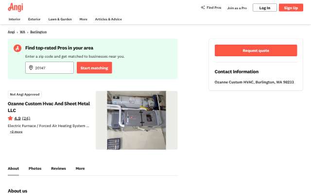 Ozanne Custom Hvac And Sheet Metal LLC's page as the assistant saw it