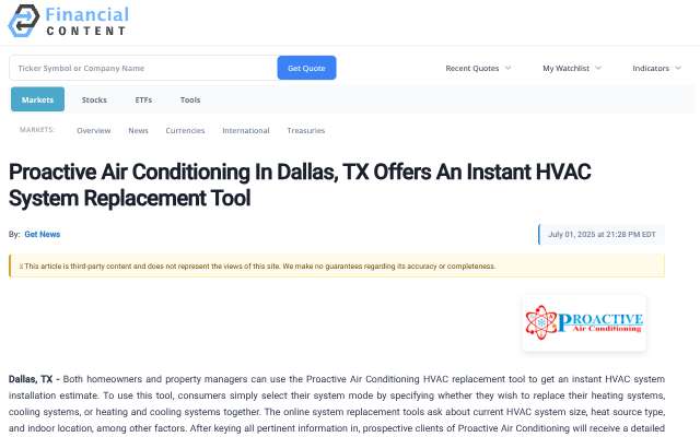 Proactive Air Conditioning's page as the assistant saw it