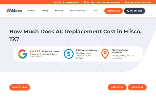Moss Heating, Cooling & Plumbing's page as the assistant saw it