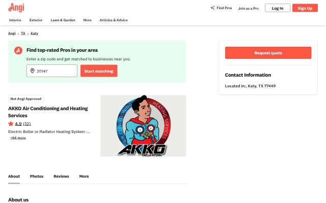 AKKO Air Conditioning and Heating Services's page as the assistant saw it