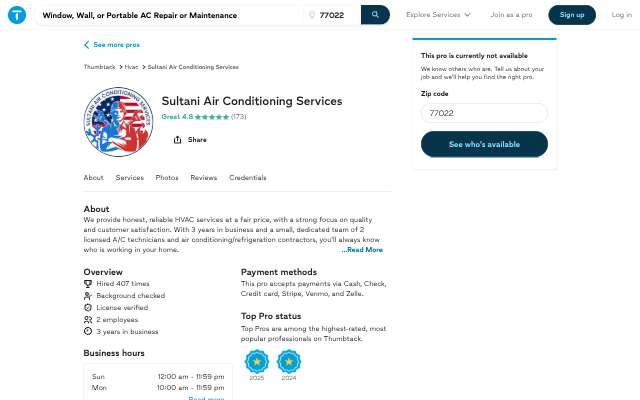 Sultani Air Conditioning Services's page as the assistant saw it
