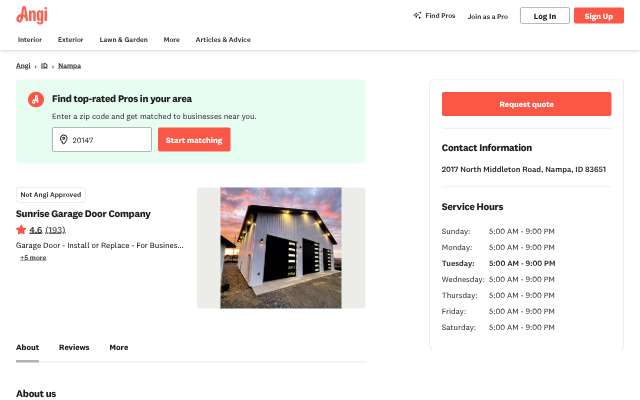 Sunrise Garage Door Company's page as the assistant saw it