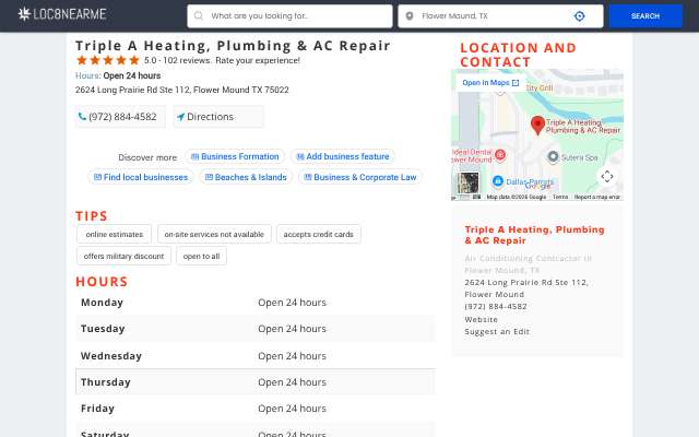 Triple A Heating, Plumbing & AC Repair's page as the assistant saw it