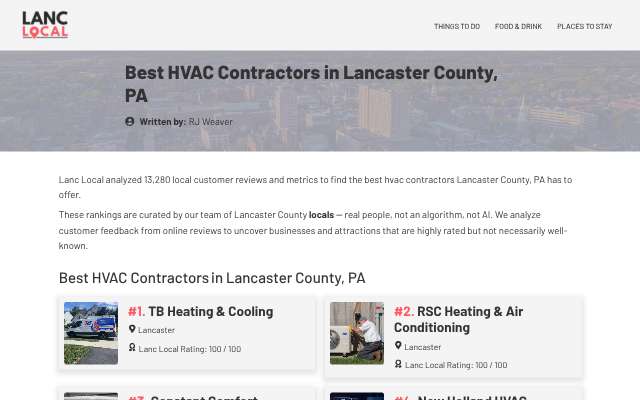 TB Heating & Cooling's page as the assistant saw it