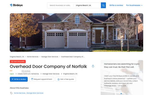Overhead Door Company of Norfolk's page as the assistant saw it