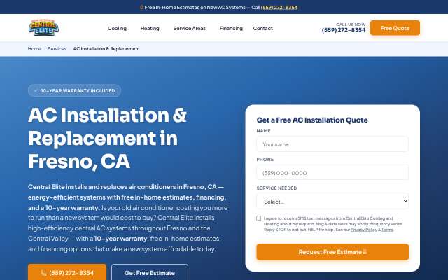 Central Elite HVAC's page as the assistant saw it