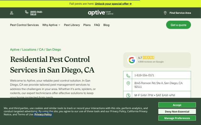 Page cited for Aptive Pest Control - San Diego branch