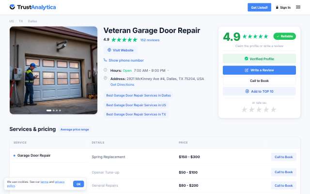 Veteran Garage Door Repair's page as the assistant saw it