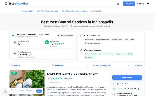 Kendall Pest Control's page as the assistant saw it