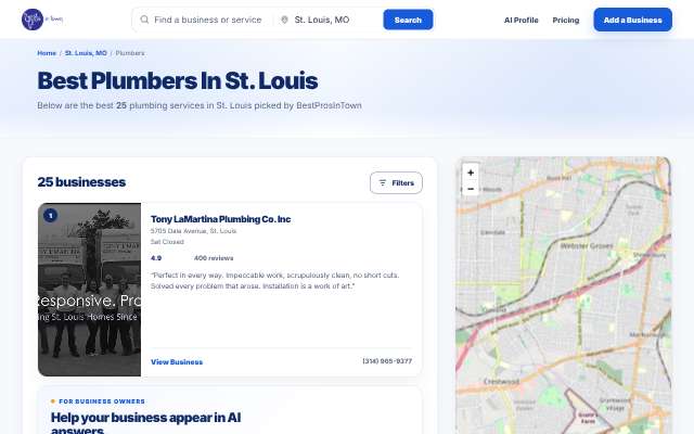 Tony LaMartina Plumbing Co. Inc's page as the assistant saw it