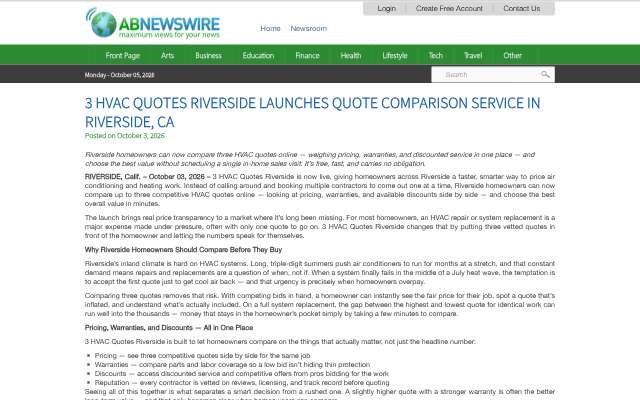3 HVAC Quotes Riverside's page as the assistant saw it