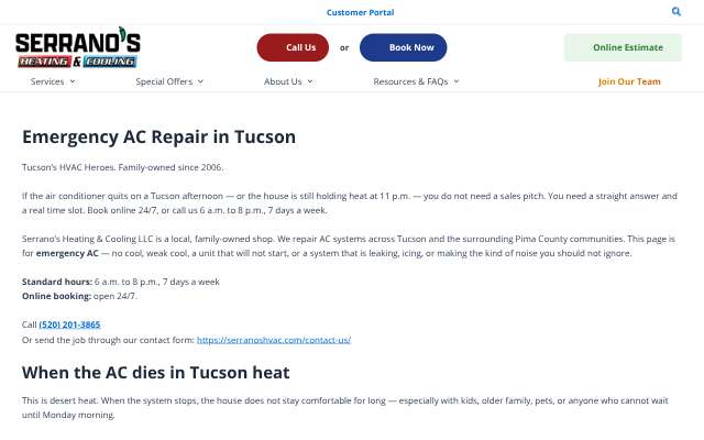 Serrano's Heating & Cooling LLC's page as the assistant saw it