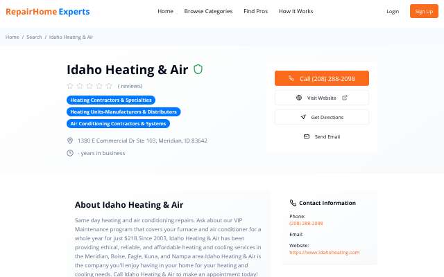 Idaho Heating & Air's page as the assistant saw it