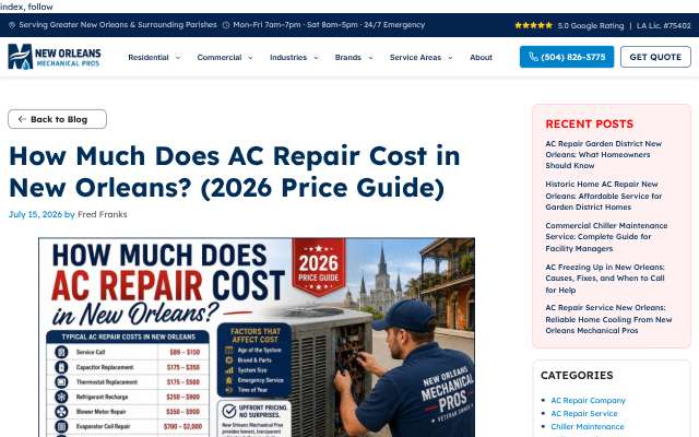 New Orleans Mechanical Pros's page as the assistant saw it