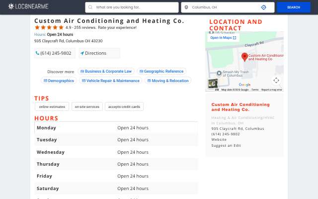Custom Air Conditioning and Heating Co.'s page as the assistant saw it