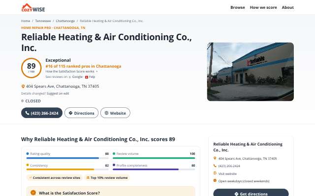 Reliable Heating & Air Conditioning Co., Inc.'s page as the assistant saw it