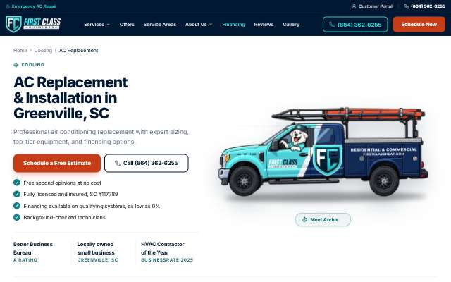 First Class Heating & Air's page as the assistant saw it
