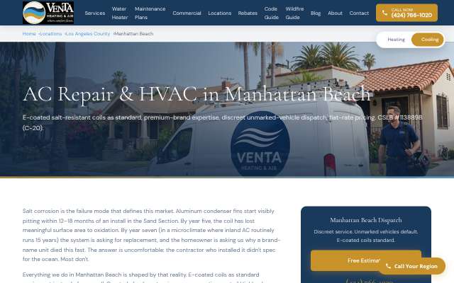 Venta Heating and Cooling's page as the assistant saw it