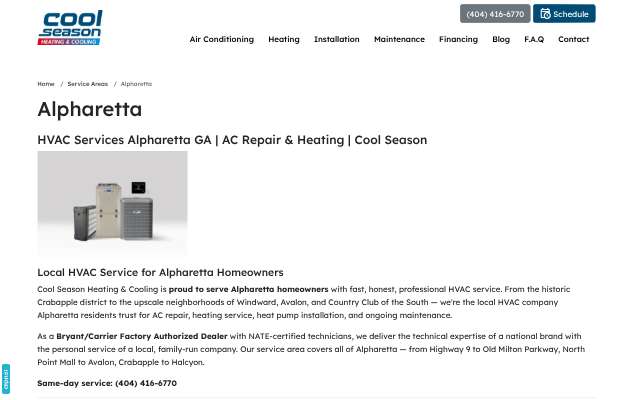 Cool Season HVAC's page as the assistant saw it