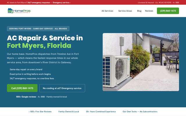 HomePros Cooling & Heating's page as the assistant saw it