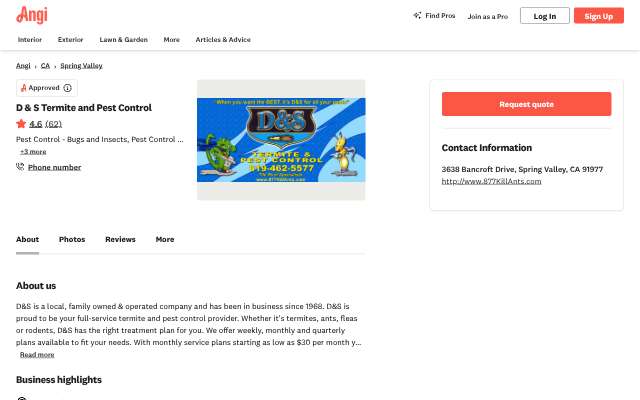 D & S Termite and Pest Control's page as the assistant saw it