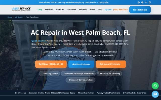 Airo Service's page as the assistant saw it