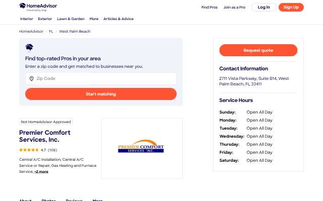 Premier Comfort Services, Inc.'s page as the assistant saw it