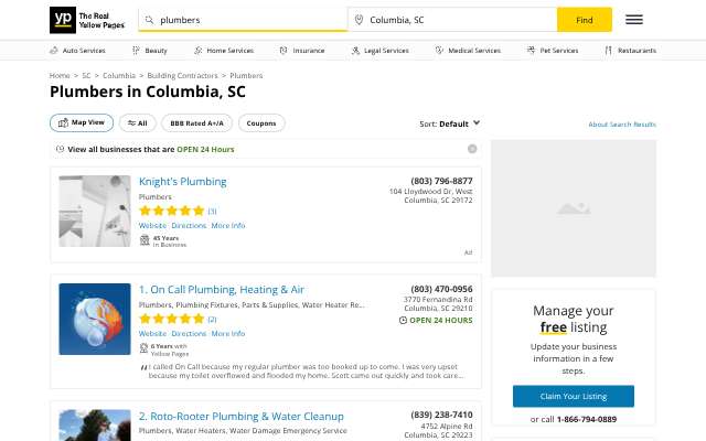Fast Response Plumbing's page as the assistant saw it