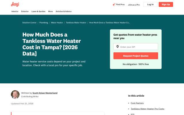 Angi Tampa tankless cost guide's page as the assistant saw it