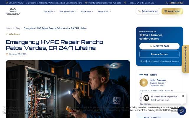 Cloud Comfort HVAC's page as the assistant saw it