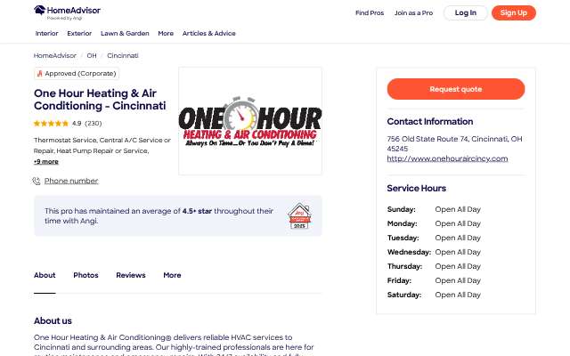 One Hour Heating & Air Conditioning - Cincinnati's page as the assistant saw it