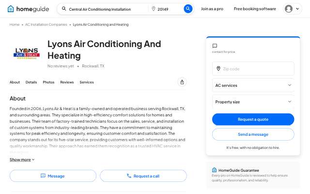 Lyons Air Conditioning And Heating's page as the assistant saw it