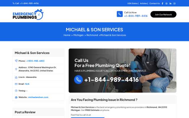 Michael & Son Services (via emergencyplumbings.com)'s page as the assistant saw it