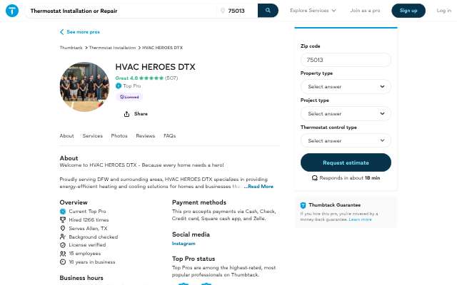 HVAC Heroes DTX's page as the assistant saw it