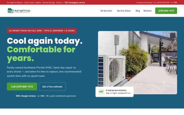 HomePros Cooling & Heating's page as the assistant saw it