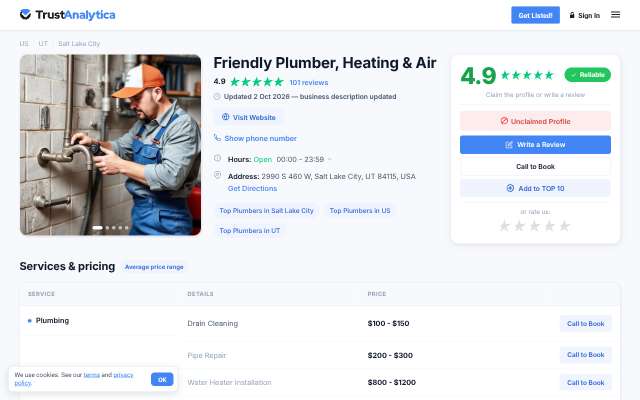 Friendly Plumber, Heating & Air's page as the assistant saw it